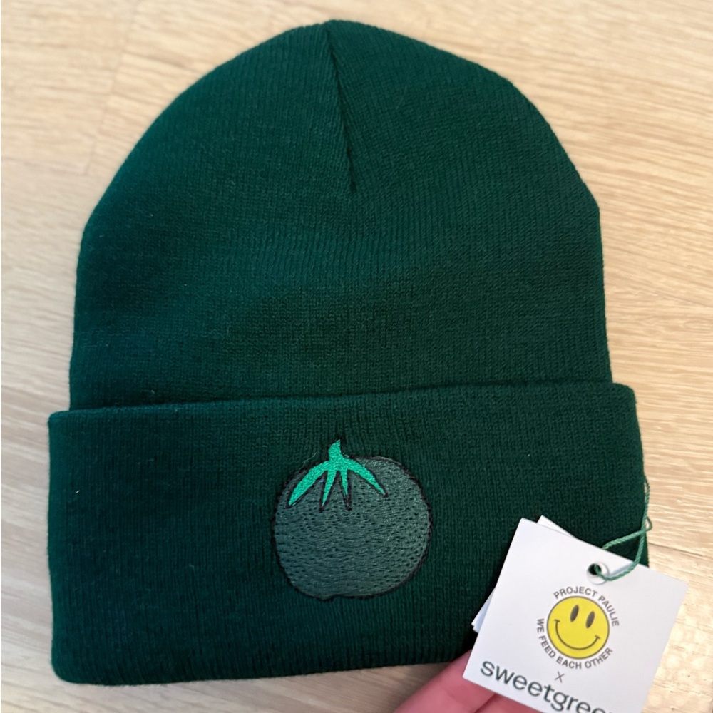 Green Beanie with Tomato Embroidery